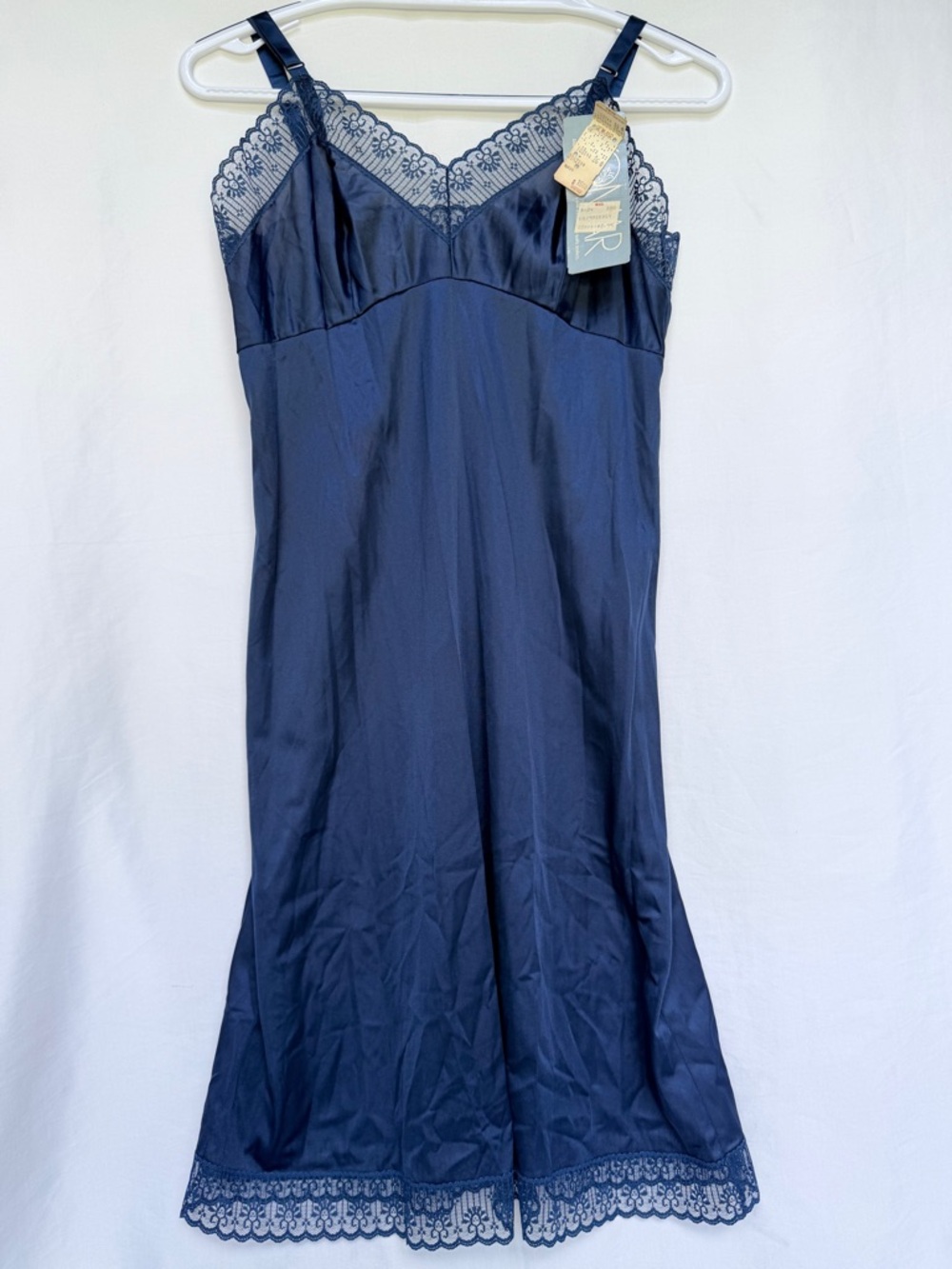 VINTAGE Komar Navy Lace-Trim Slip Chemise NWT